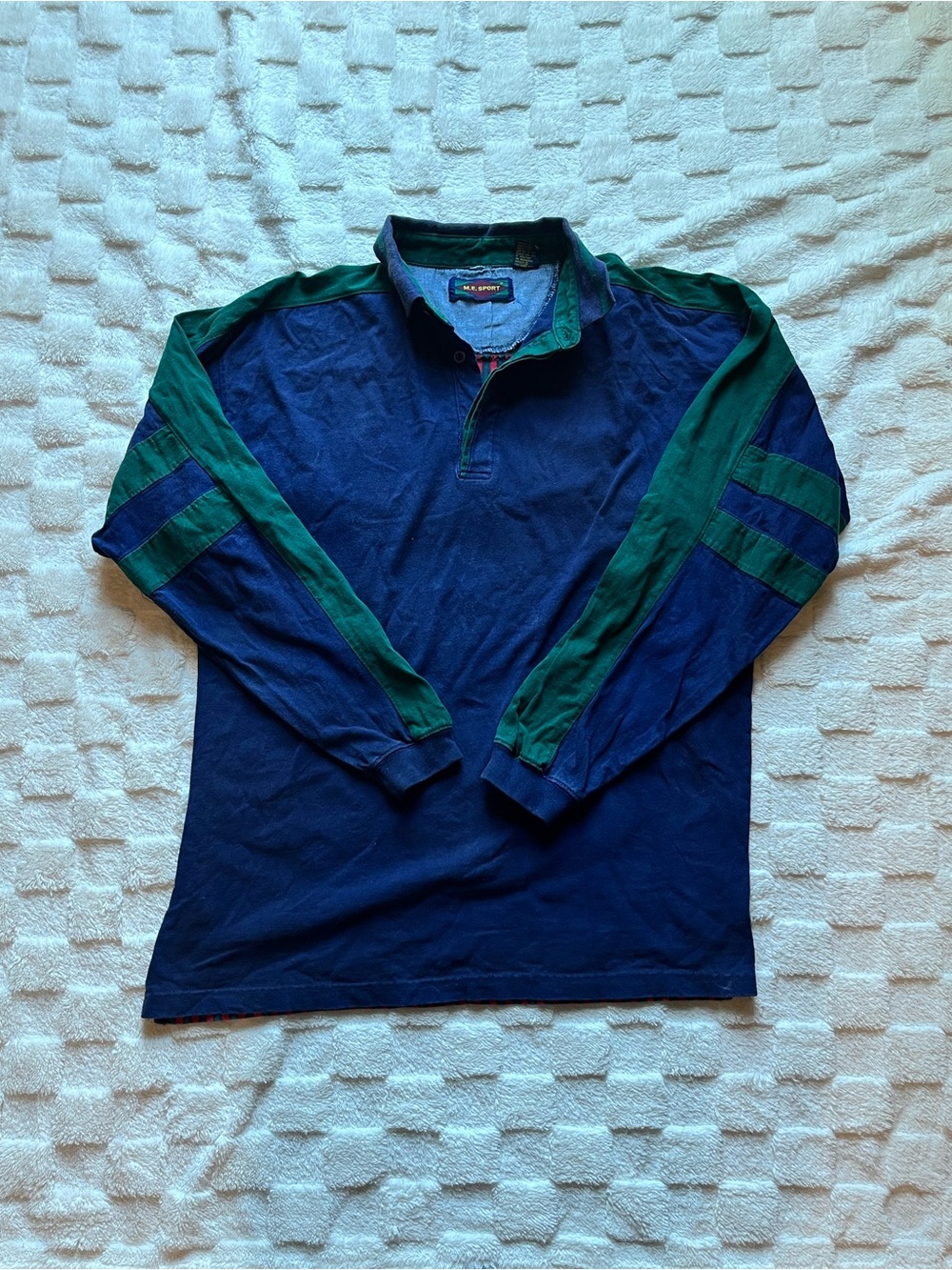M.E. Sport Vintage Navy and Green Long Sleeve Rugby Polo Shirt with Red Back